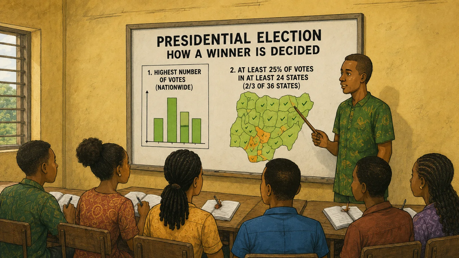 Civic educator explaining the presidential 25 percent spread rule using a large map of Nigeria