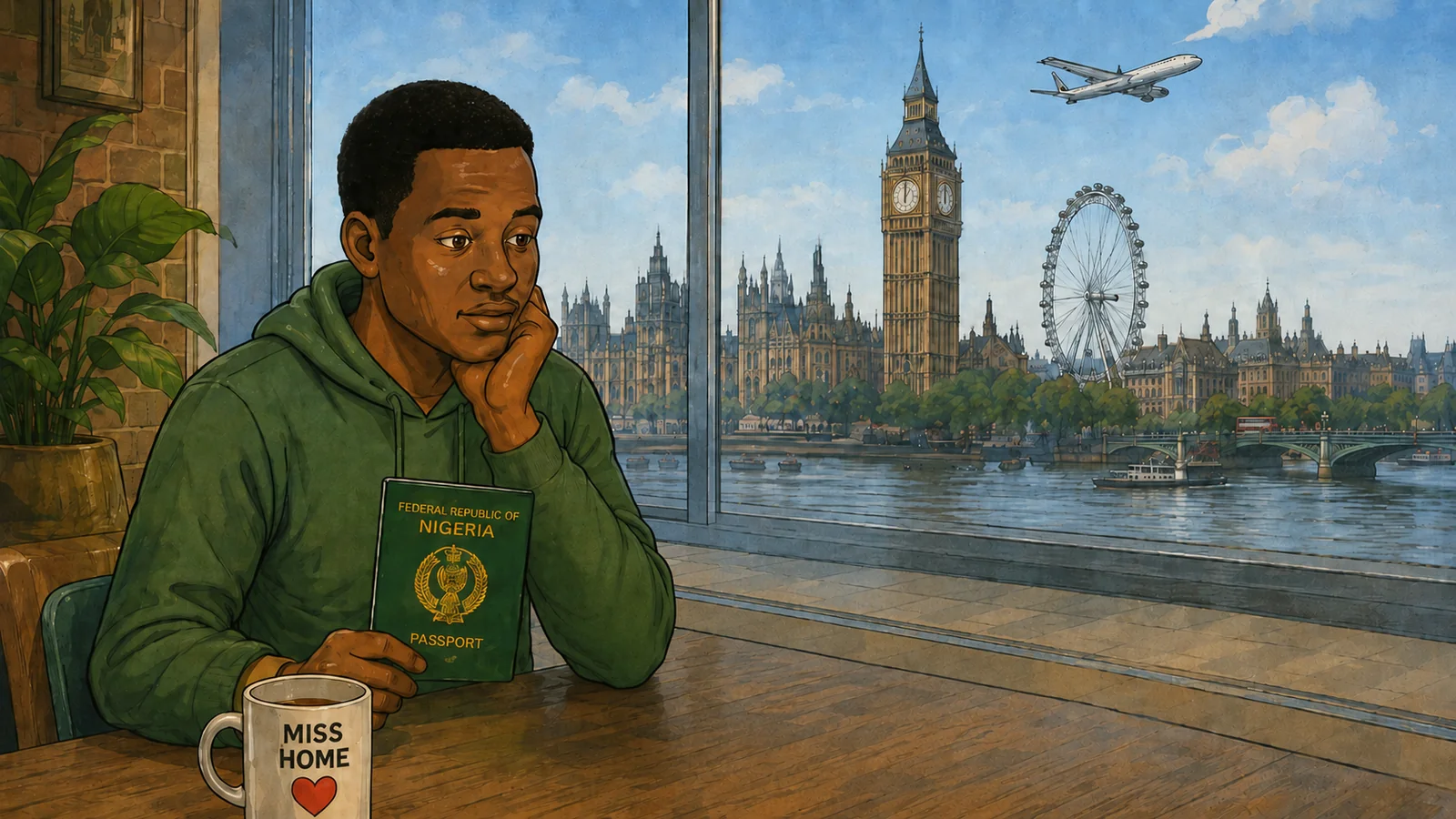 Nigerian living abroad holding a passport and phone while looking toward a map of Nigeria