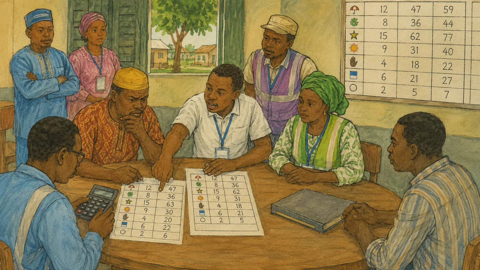Election officials and party agents comparing result sheets during a disputed collation calculation