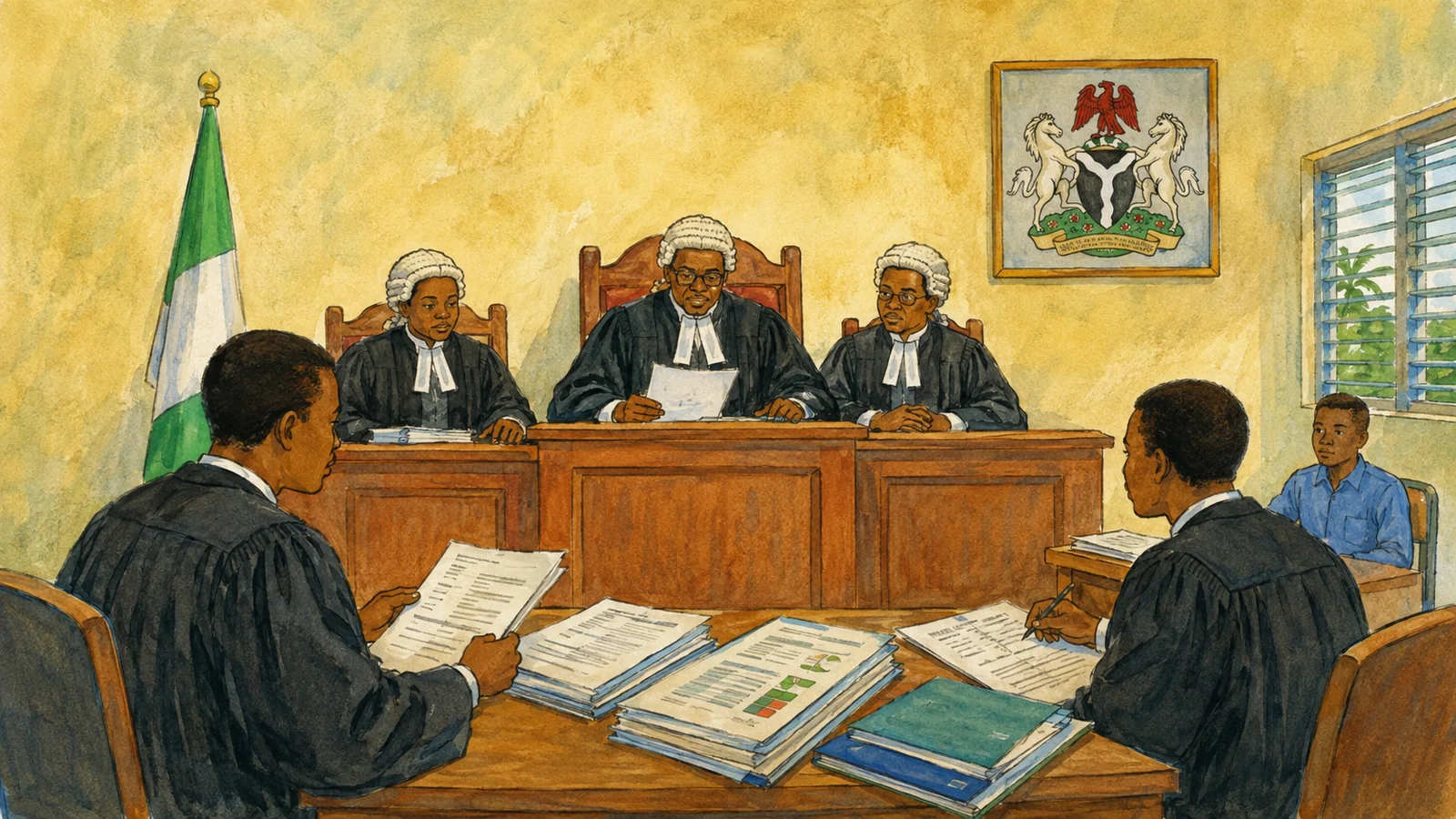 Nigerian election tribunal hearing with judges, lawyers and election result forms in a courtroom