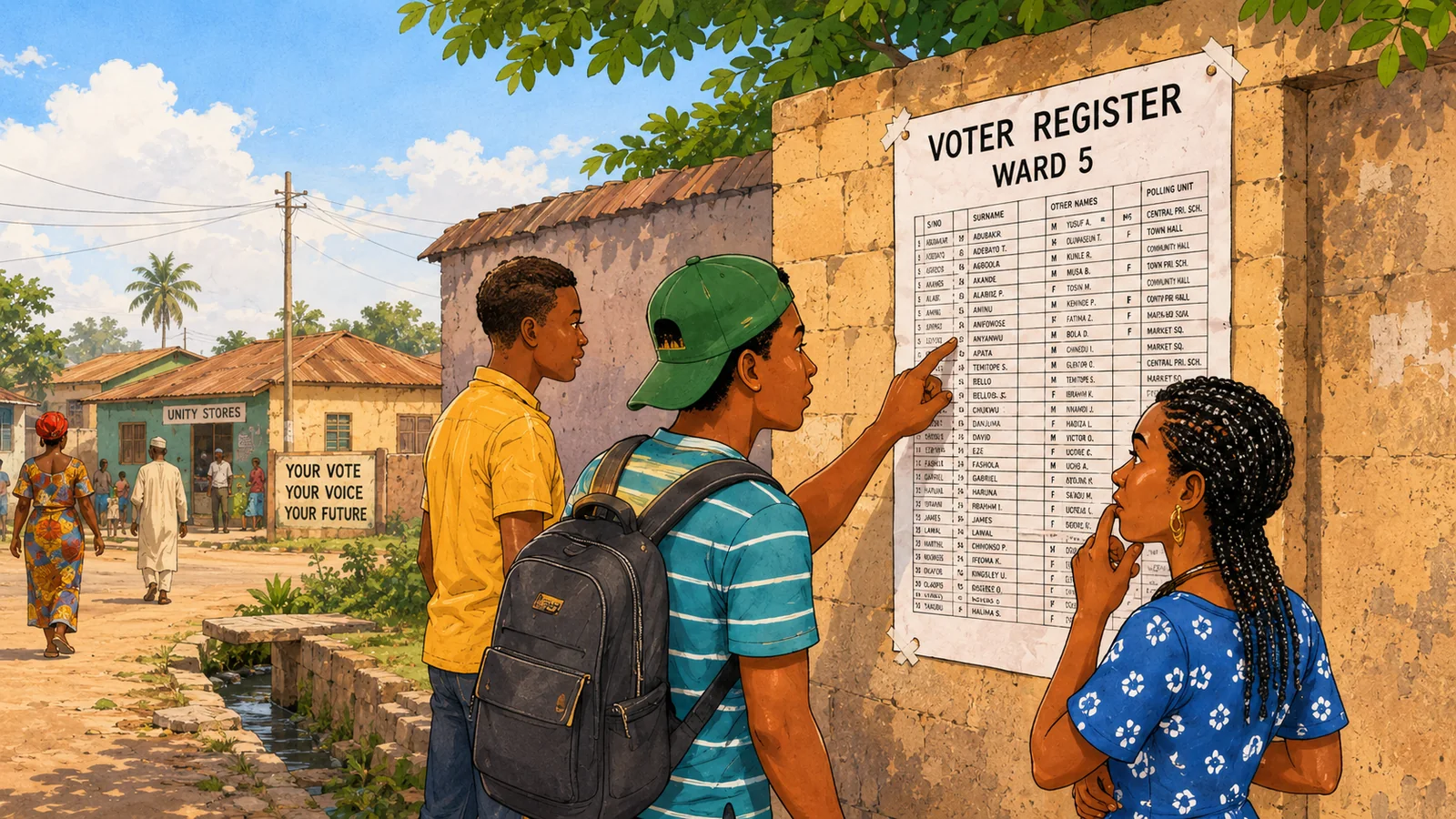 Nigerian voter checking a printed voter register displayed at a registration area office