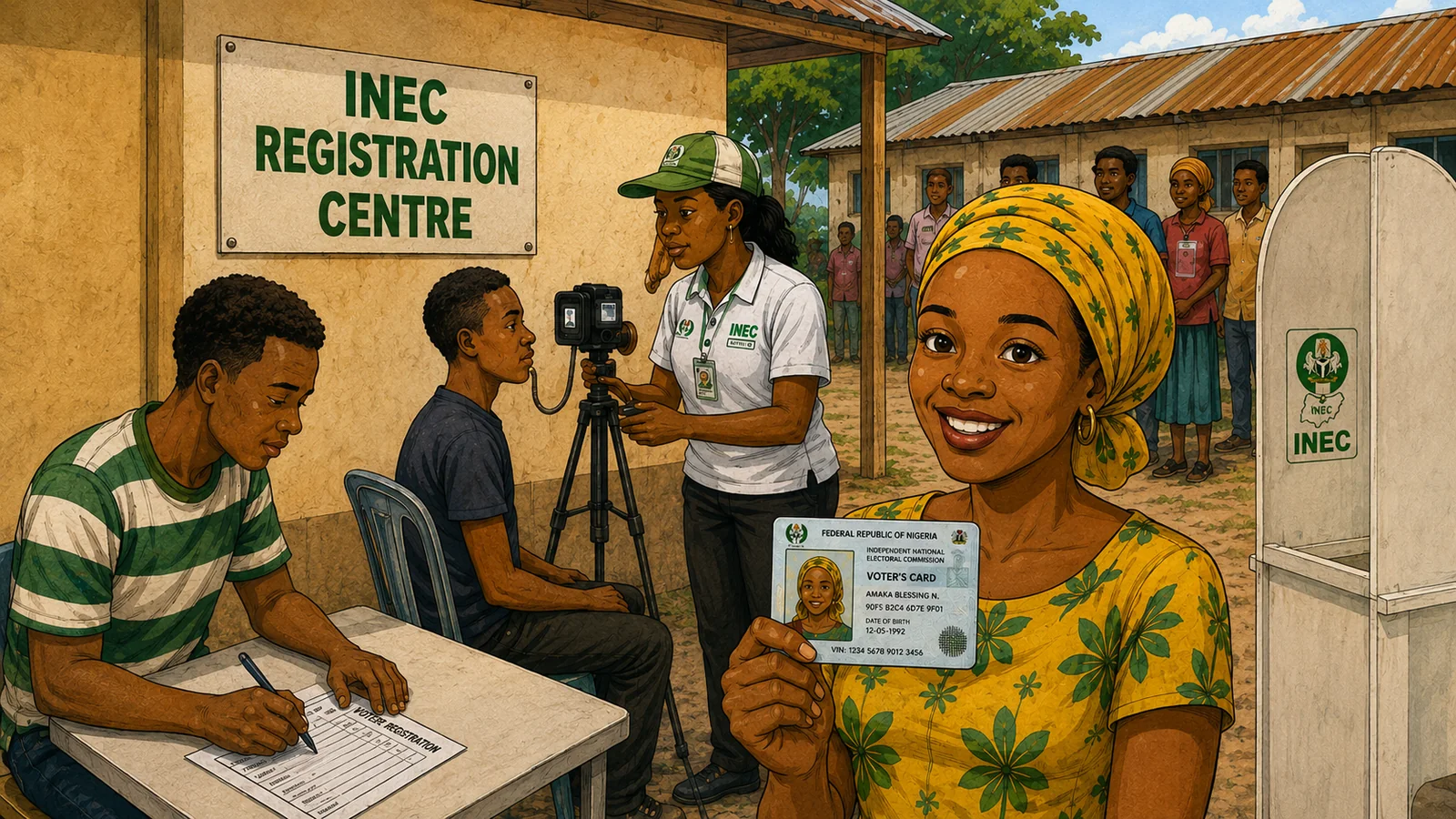 Nigerian voter completing registration and receiving a Permanent Voter's Card at an election centre