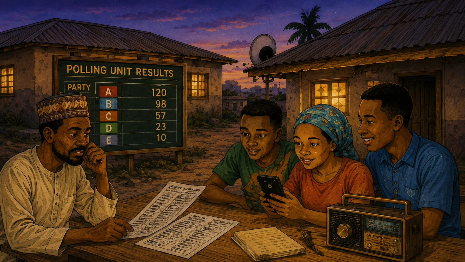 Nigerians following election results on a phone, radio and polling-unit result sheet