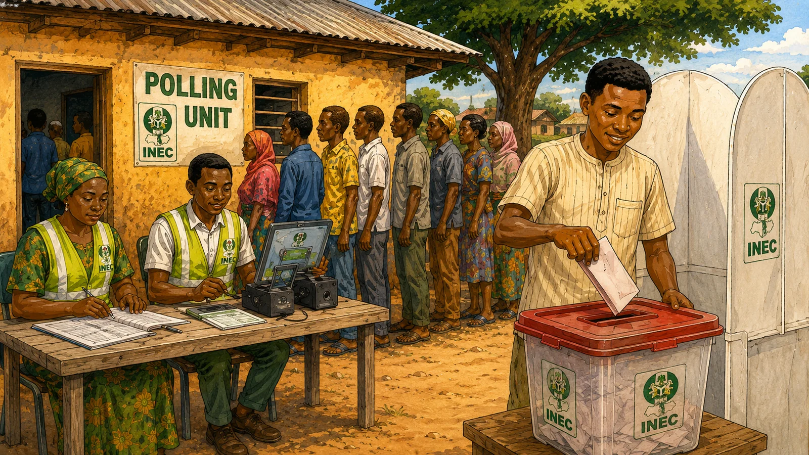 Nigerian voter placing a folded ballot into a transparent ballot box at a polling unit