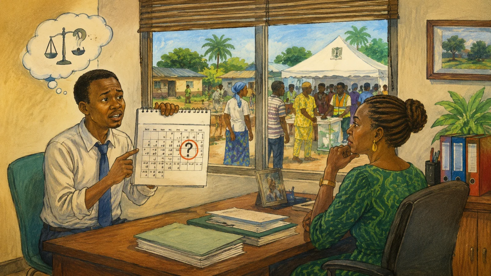 Nigerian office worker checking an election date on a calendar while discussing time off with an employer