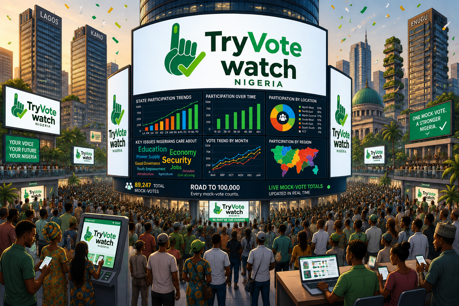 Large crowd of Nigerians gathered around a TryVote Watch display showing the road to 100,000 mock votes
