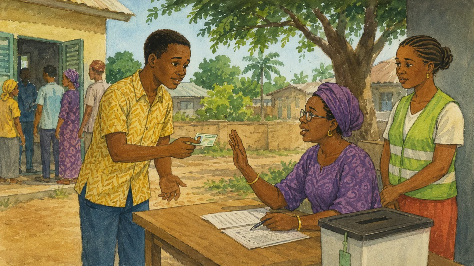 Concerned Nigerian voter calmly speaking with a presiding officer after encountering a polling-unit problem