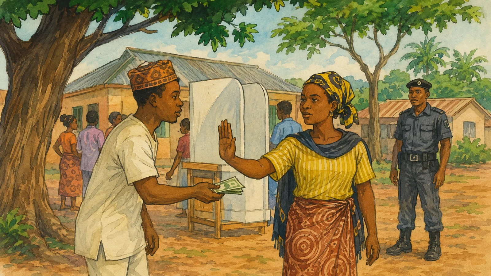 Nigerian voter refusing cash offered near a polling area while an election observer watches