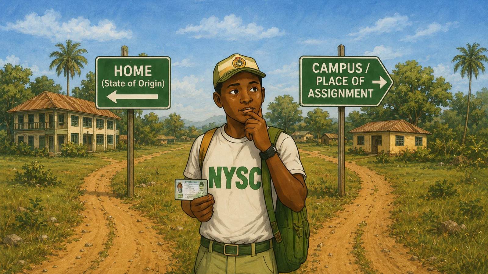 Young Nigerian student or NYSC member holding a PVC at a crossroads between home and school