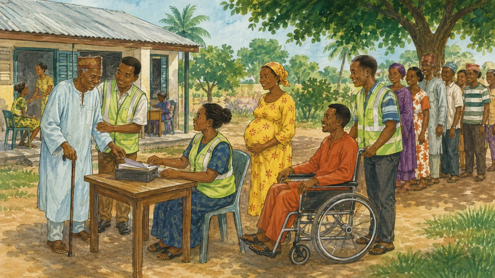 Polling officials assisting an elderly voter, pregnant woman and wheelchair user at a Nigerian polling unit