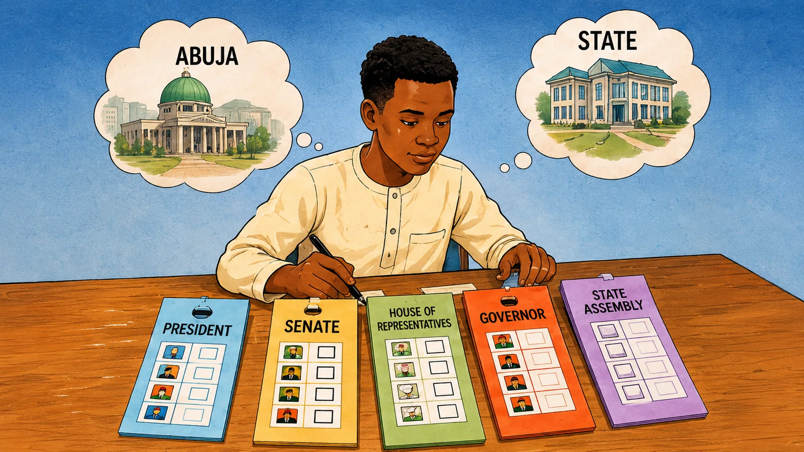 Nigerian voter comparing separate ballot papers for federal and state elections