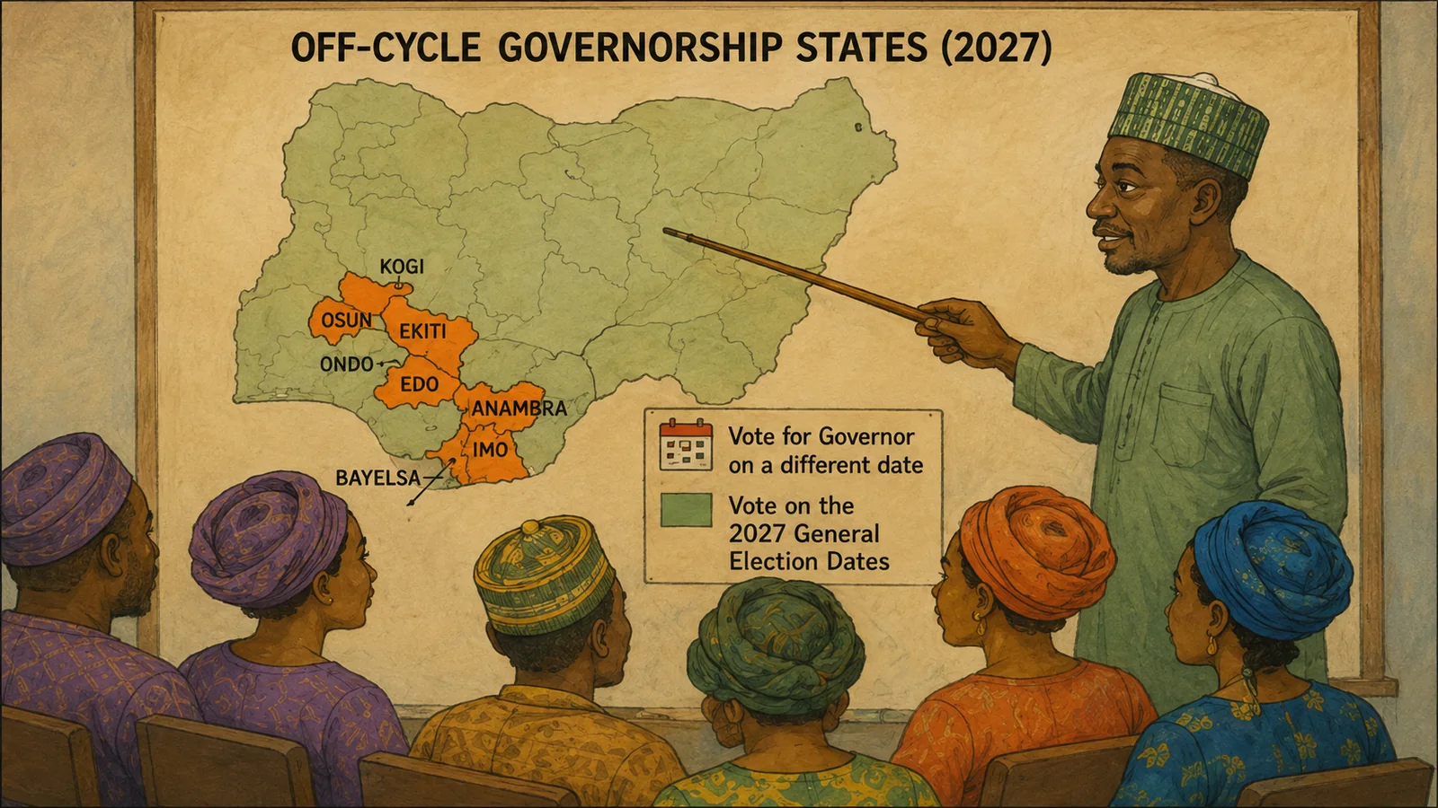 Civic educator pointing to a Nigeria map showing eight states with separate governorship election calendars