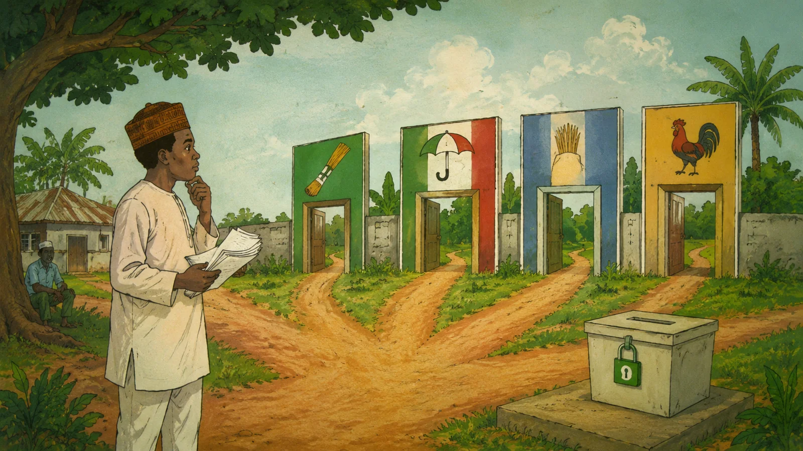 Prospective Nigerian candidate standing before political party pathways leading toward a ballot box